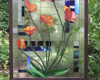 Stained Glass Window Panel--Six California Poppies Geometric- 50" x 39"