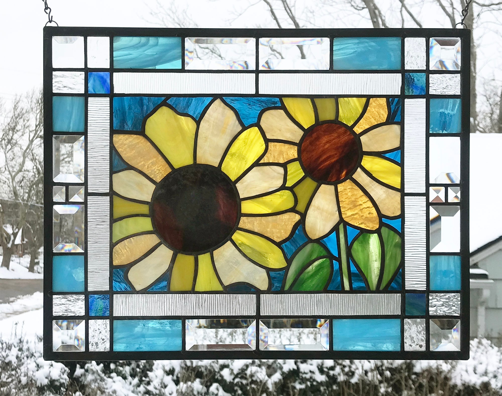 Stained Glass Window Panel--summer Sunflowers Double Border
