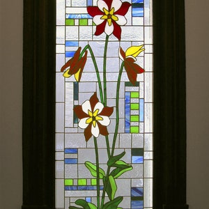 Columbine Flowers over Geometric 20" x 54.5" Stained Glass Window panel