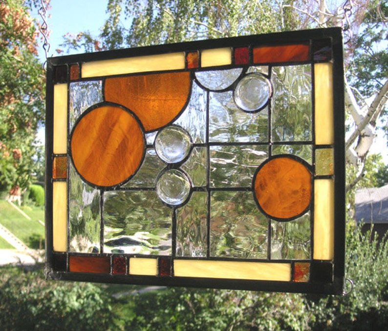 Amber Circles Geometric Stained Glass Window Panel9 x 11.5 image 3