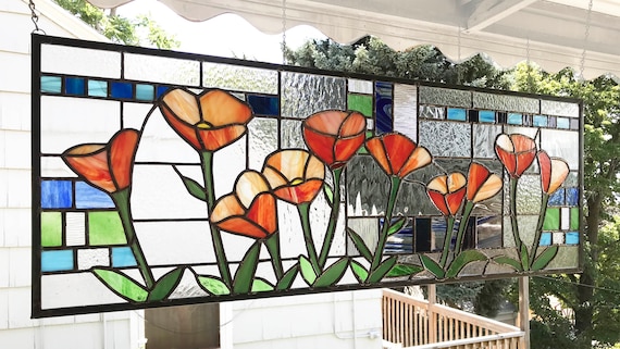 Stained Glass Window Panel--ten California Poppies Geometric