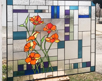 Stained Glass Window Panel-California Poppies Geometric-