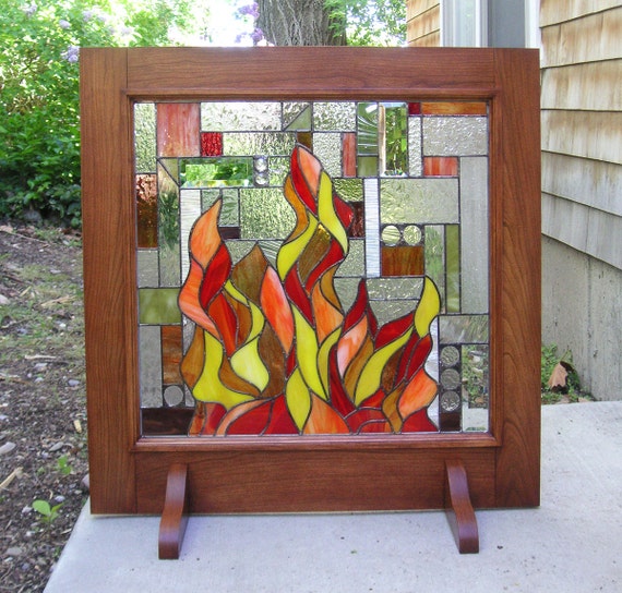 Stained Glassmission Fireplace Screen Geometric With Wooden Etsy