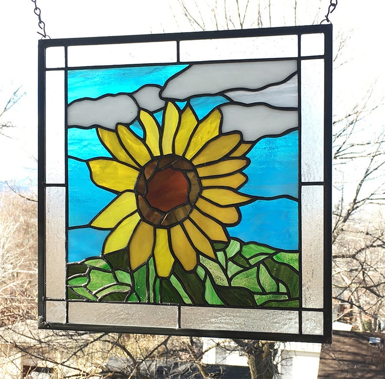 Stained Glass Window Panel Sunflower Portrait 14 X Etsy