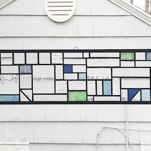 Stained Glass Window Panel--Mission Style Transom in Blues and Grays Geometric--6" tall x 42" wide