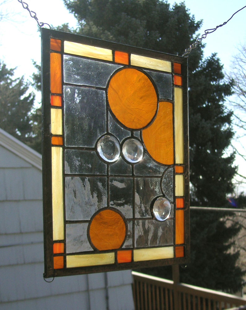 Amber Circles Geometric Stained Glass Window Panel9 x 11.5 image 5