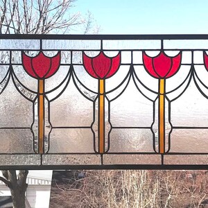 Stained Glass Panel- Red Tulips Arts and Crafts Transom--13&quot; x 47.5&quot;