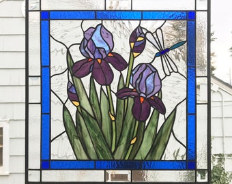 Stained Glass Window Panel--Purple Iris with Dragonfly -21" x 21"