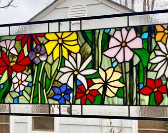 Spring Flower Garden #2--13" x 32"--Stained Glass Window Panel--