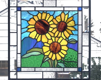 Stained Glass Window Panel-- Three Sunflowers Portrait
