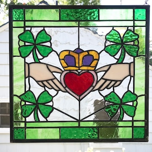 Stained Glass Window Panel--Claddagh Symbol 14&quot; x 14&quot;
