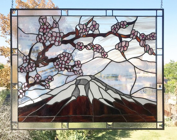 Stained Glass Panel- Mount Fuji With Blossoms- 28