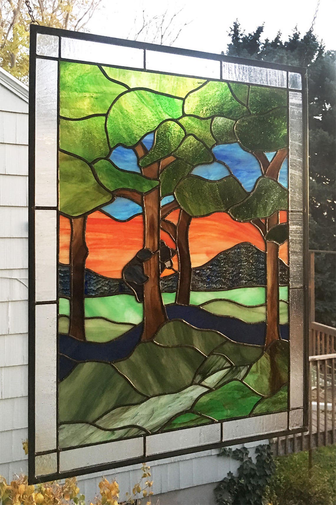 Arts and Crafts Woodland Scene with Bear Cub Stained Glass Etsy