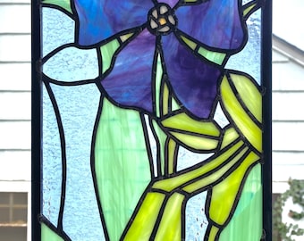 Stained Glass Panel--Rennie Mackintosh Periwinkle Flower --8.3/8" x 15 1/8"