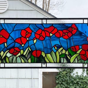Stained Glass Window Panel--Red Oriental Poppy Transom #3 - 11&quot; x 38. 5/8&quot;