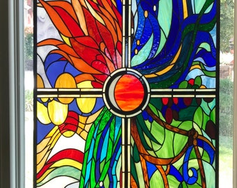 Stained Glass Window Panel-- "Burst of Color"- 24" x 36"