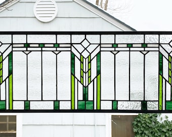 Prairie School Style Geo Transom in green tones --11 5/8" x 39"