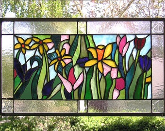 Stained Glass Window Panel-- Flower Garden--13.5" x 23"