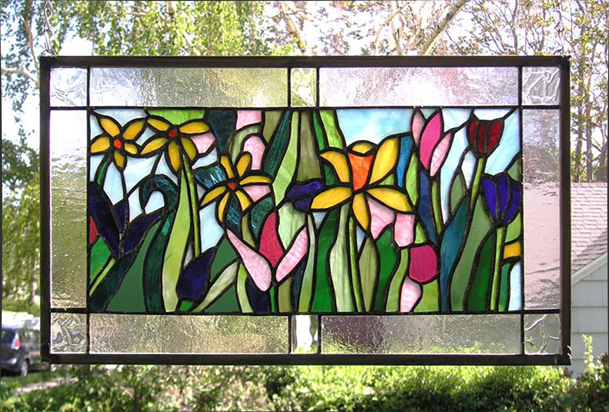 Window Flower Glass Stained Glass Window Panel-- Flower Garden--13.5