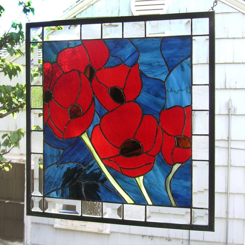 Stained Glass Window PanelRed Oriental Poppies18 x 18 image 2