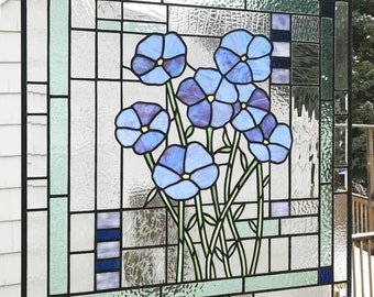 Stained Glass Window Panel--forget Me Not Flowers Geometric -- 25