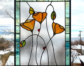 Stained Glass Window Panel--California Poppies with Garden Friends. 14.5" x 19.5"