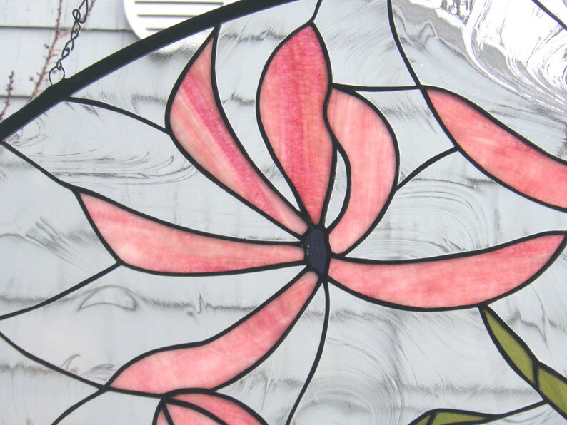 Stained Glass Window Panel--pink Cosmos Blooming--25 1/2