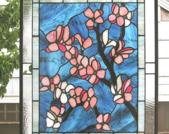 Stained Glass Window Panel--Pink Dogwood Flowers- 20" x 24"