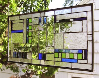 Stained Glass Window Panel-- Mission Style Blue & Green Geometric-12" x  23"