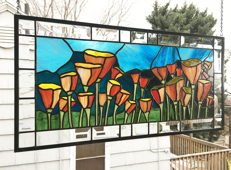 Stained Glass Panel25 California Poppies Mountain Scenic Etsy