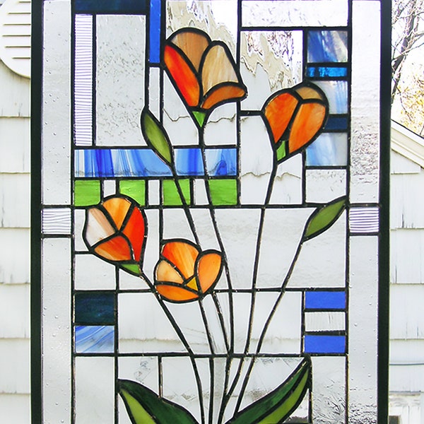 Stained Glass Window Panel--California Poppies Over Geo Left - 12" x 17.5"