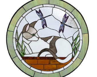 Stained Glass Window Panel-- Cat with Dragonflies- 35" diameter