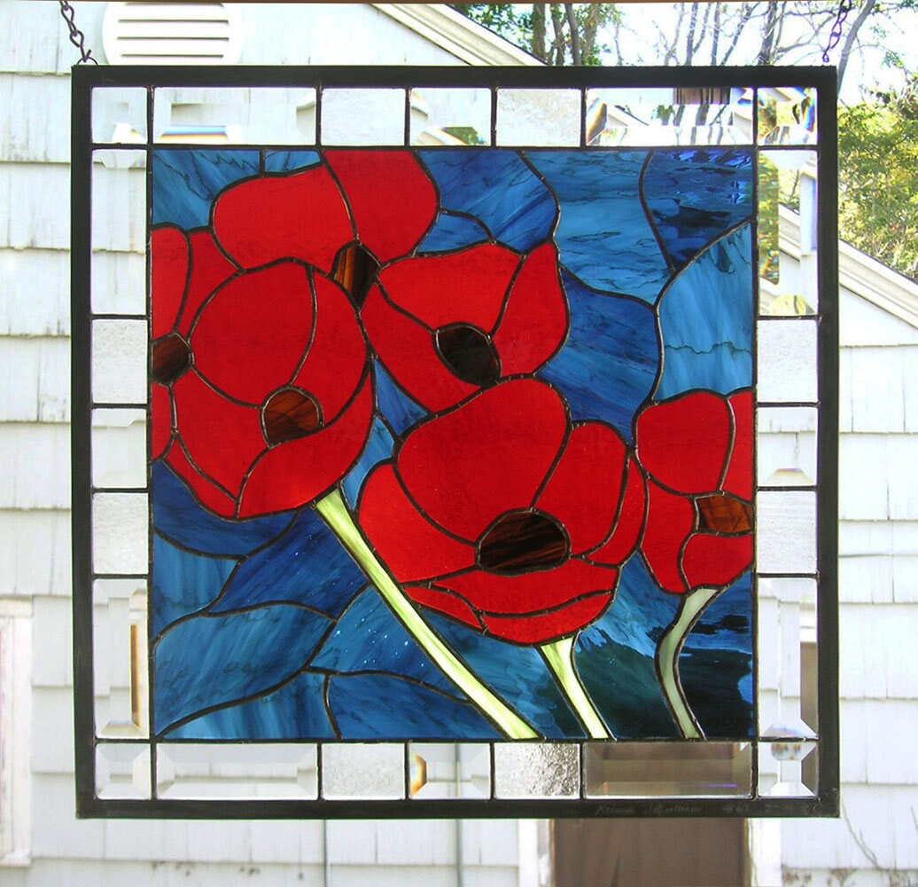 Stained Glass Window PanelRed Oriental Poppy