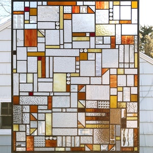 Stained Glass Window Panel--Mission Style Geometric Clear and Warm Tones -25&quot; wide x 30&quot; tall