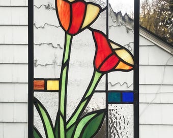California Poppies Geo  - 7.75" x 15.75".  Stained Glass Window Panel--