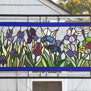 Stained Glass transom Panel-- Garden with Dragonflies and Hummers--15.25&quot; tall x 69&quot;wide