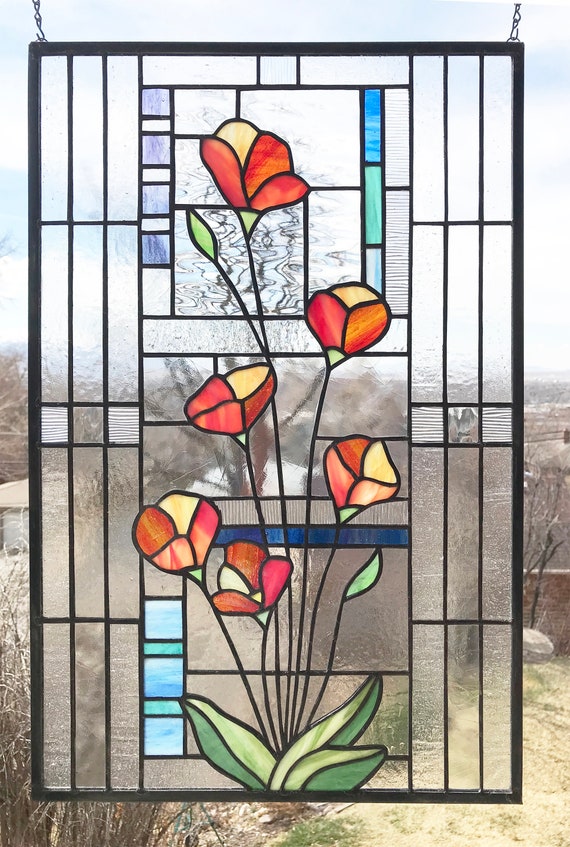 Stained Glass Window Panel-- California Poppies Geometric Triple