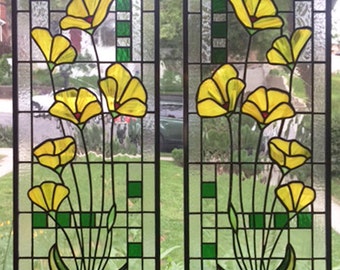 Stained glass window panels-Yellow Poppies Geometric