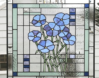 Stained Glass Window Panel--"Forget Me Not" Flowers over Geo- 19" x 19"