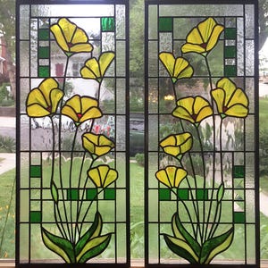 Stained glass window panels-Yellow Poppies Geometric