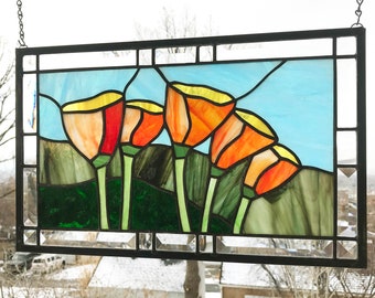 Stained Glass Window Panel--California Poppies Five --10" x  16"