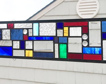 Stained Glass Transom Panel -Mission Style Geo in Bright colors  #6 - 5" x  40"