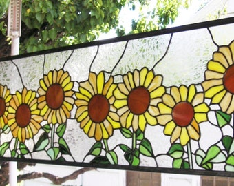Stained Glass Window Panel--Nine Sunflowers -12.5" tall x 50" wide