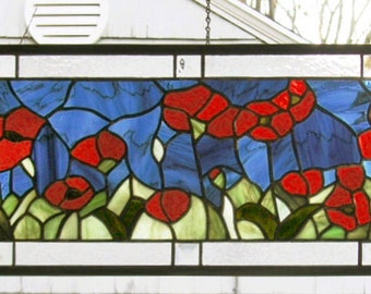 Stained Glass Window Panel--Red Oriental Poppy Transom - 28" x 8.5"