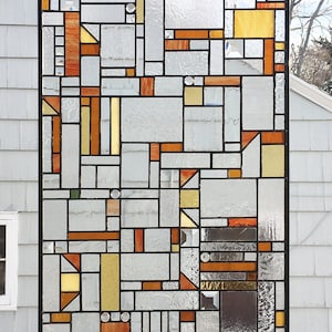 Mission Style Geometric Clear and Warm Tones-- 19&quot; x 38&quot;--Stained Glass Window Panel