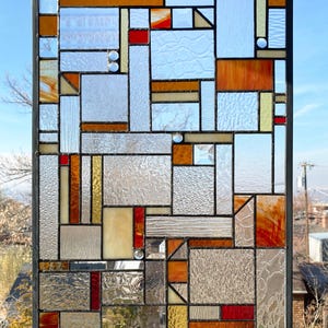 Stained Glass Window Panel - Mission Style Geometric in warm tones- 18&quot; x 24&quot;