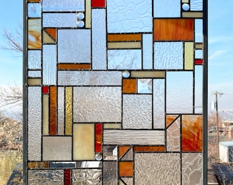 Stained Glass Window Panel - Mission Style Geometric in warm tones- 18" x 24"