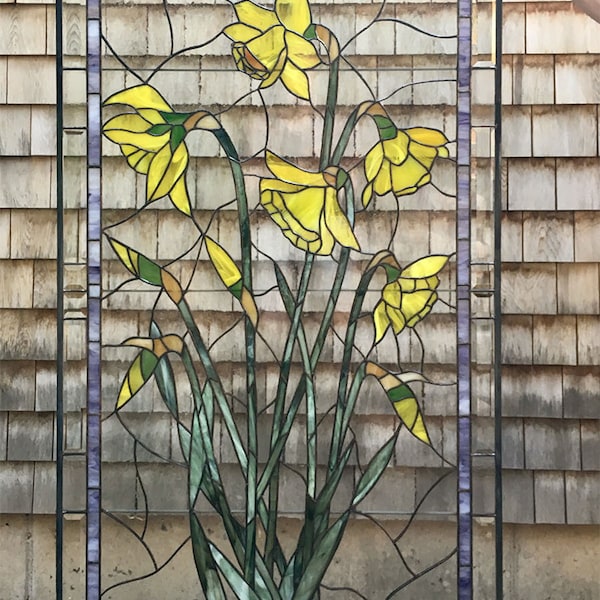 Stained Glass Window- Daffodils Blooming-- 34" x 59"
