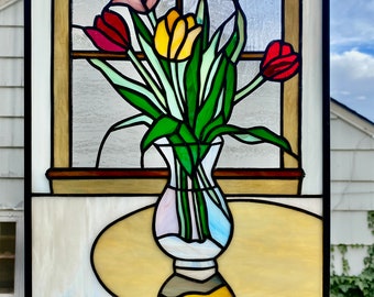 Stained Glass Panel--Vase of Tulips --14  3/8" x 19  5/8"