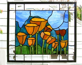 California Poppies Mountain View- 14" x 16"--Stained Glass Window Panel